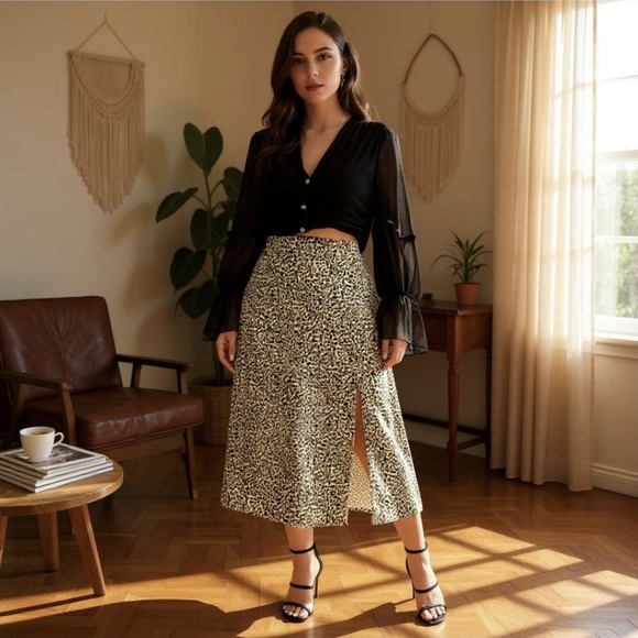 Plus Sized Leopard Print Silky Maxi Skirt w/ Split Side & Zipper Closure | 4XL - Picture 1 of 6